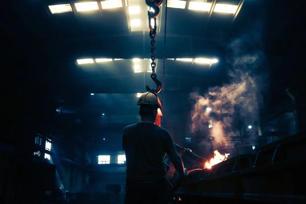 Trabalhador de capacete operando uma máquina num grande galpão industrial